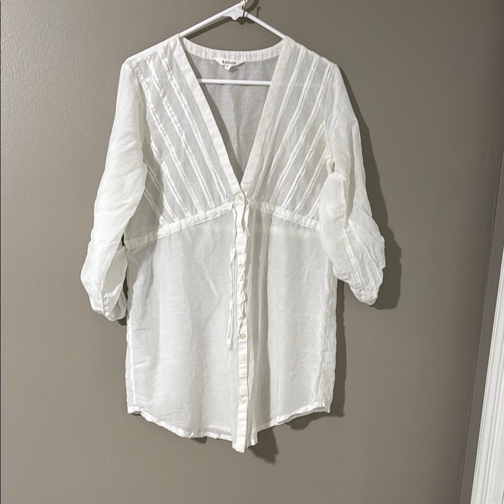 Athleta White Pleated Button-Down Blouse